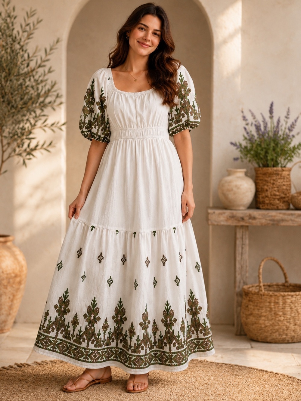 Polagram White Maxi Dress with Green Embroidered Puff Sleeves